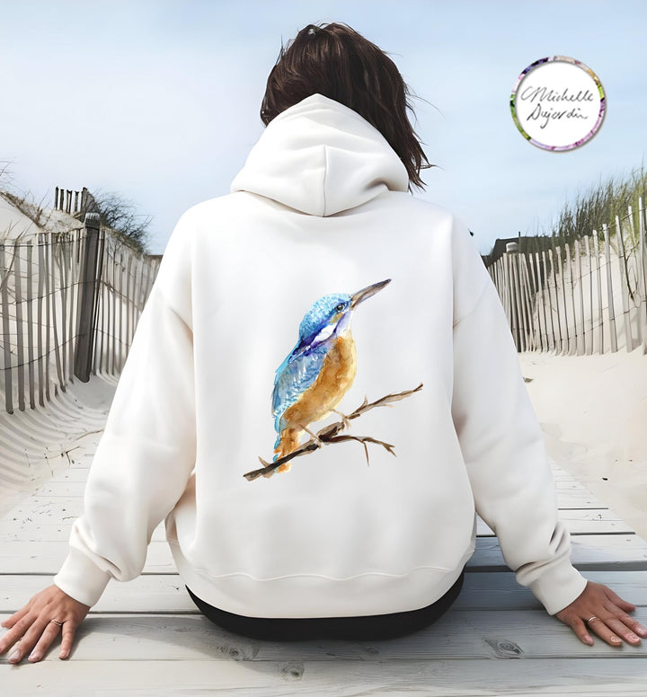 White hoodie with kingfisher on the back by Michelle Dujardin