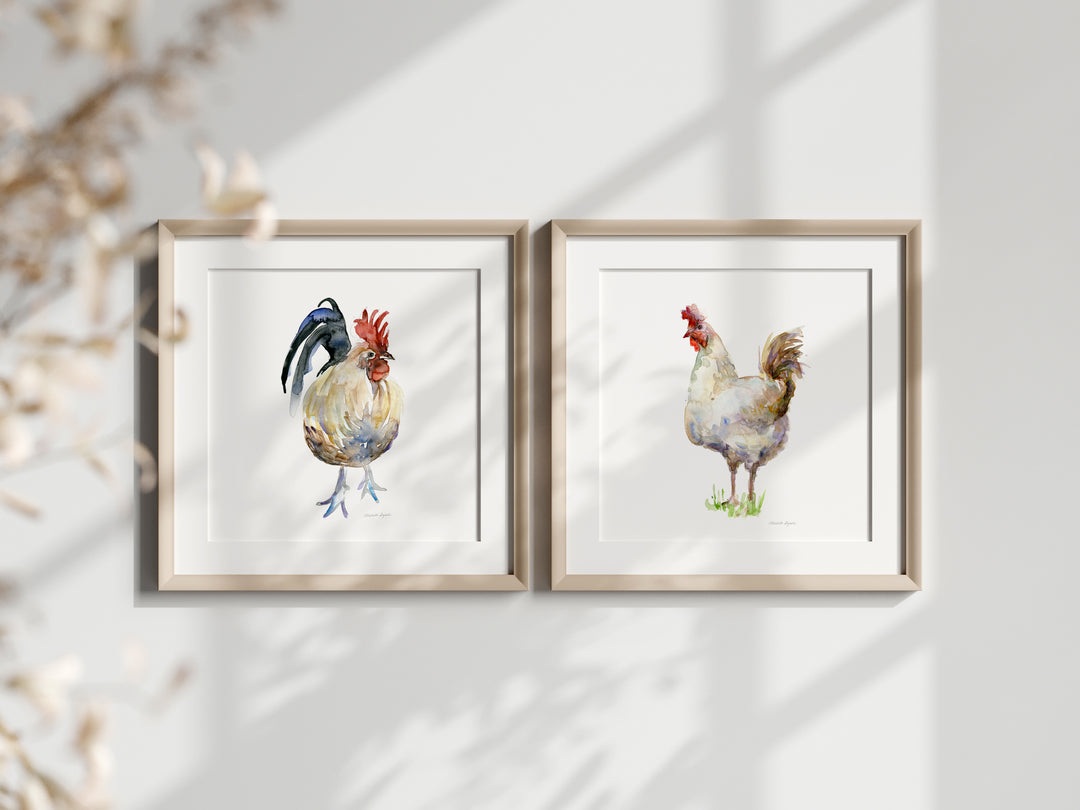 Twee ingelijste prints van een kip en haan schilderij van Michelle Dujardin