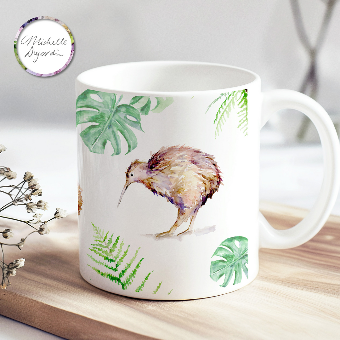 Ceramic Coffee mug with kiwi bird illustrations by Michelle Dujardin