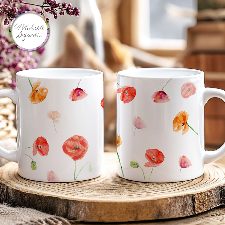 Mokken met rode en oranje klaproos illustraties