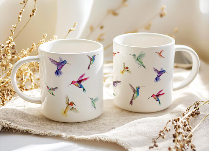 Mokken met vliegende kolibries in felle kleuren, geschilderd door Michelle Dujardin