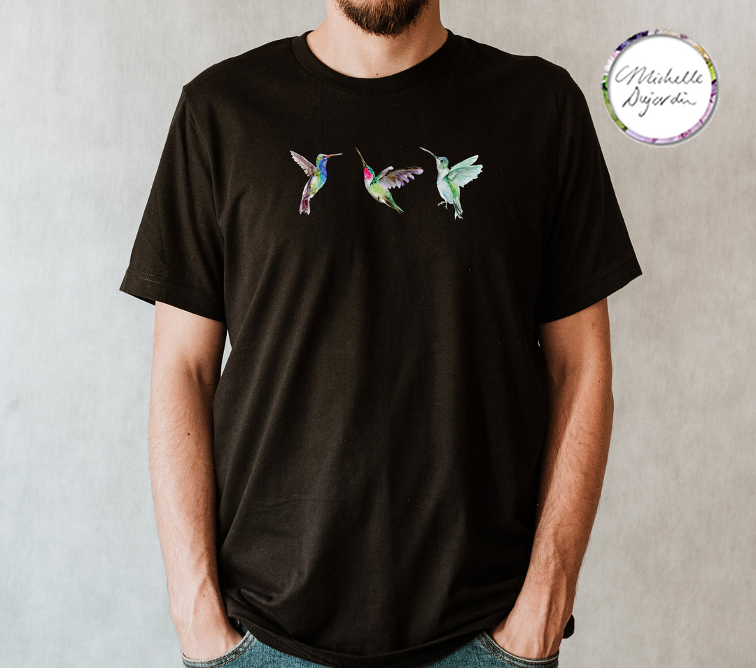 Zwart t-shirt met groene kolibrie illustraties van Michelle Dujardin