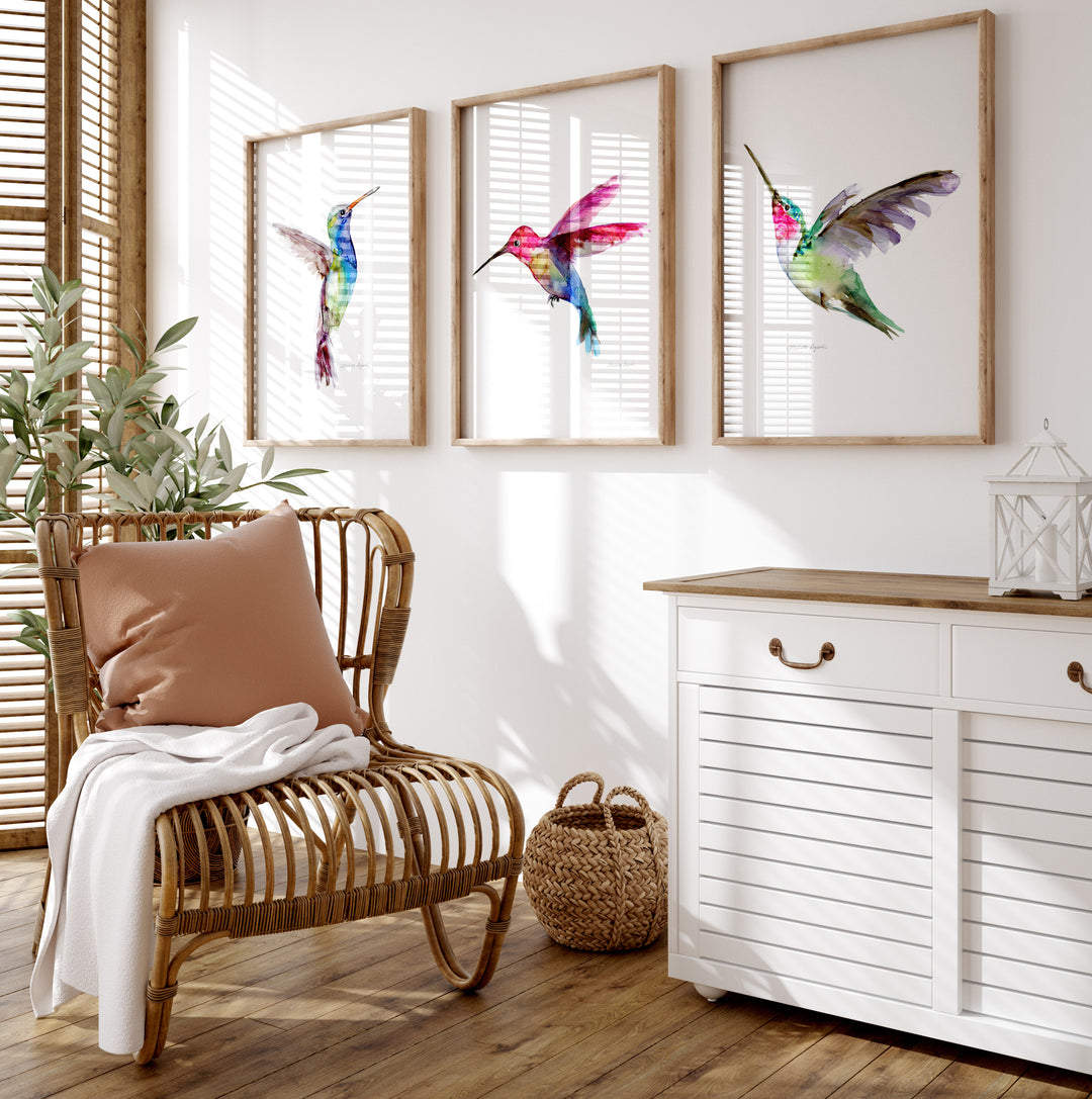 Set of 3 blue green and pink Hummingbird Prints