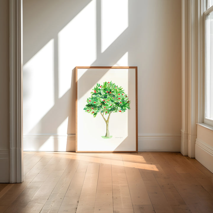 Lijsterbesboom aquarelprint met rode bessen, botanische boom wanddecoratie voor natuurinterieur