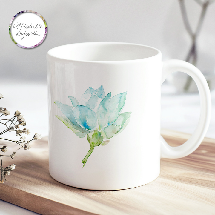 Ceramic mug with blue green lotus watercolor illustration  by Michelle Dujardin