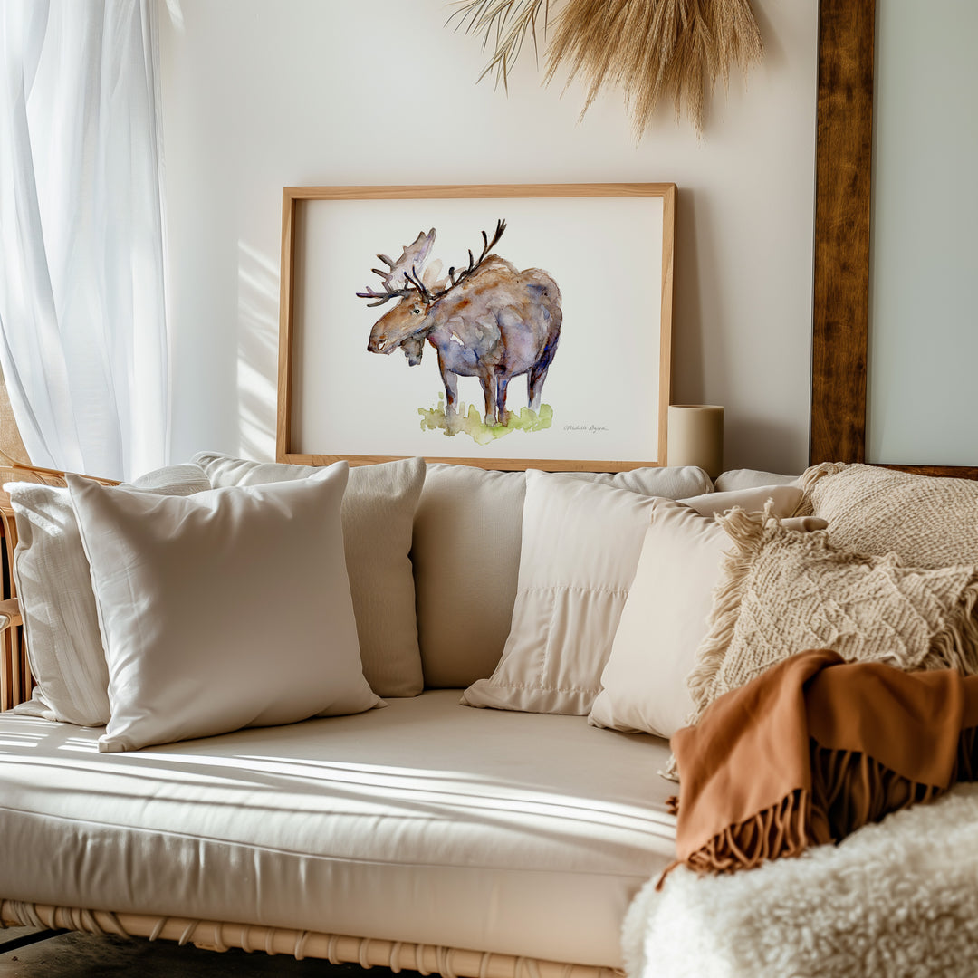 Moose print in boho interior, moose artwork by Michelle Dujardin