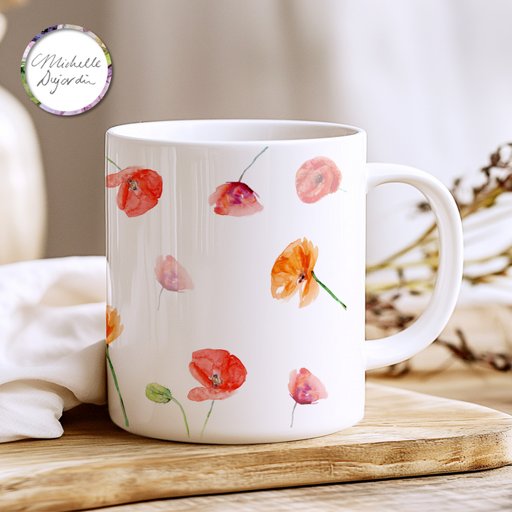 Ceramic mug with red and orange poppy flower illustrations