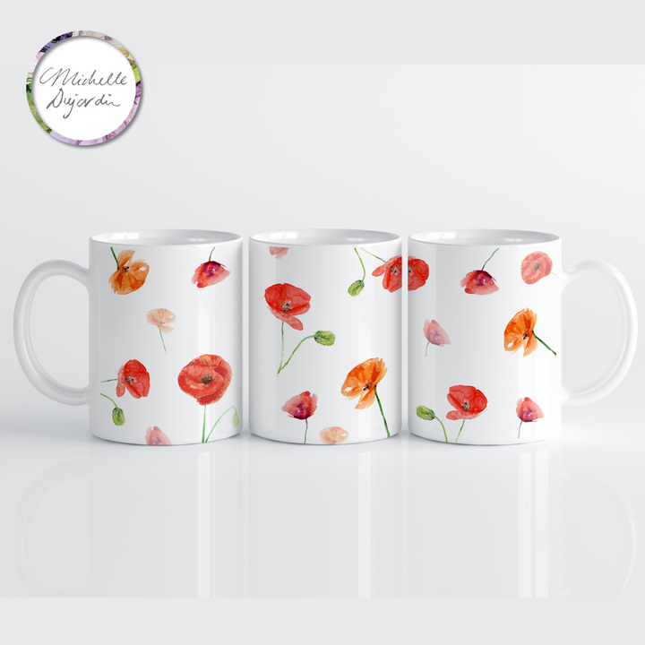 Ceramic mug with poppy flower illustrations by Michelle Dujardin
