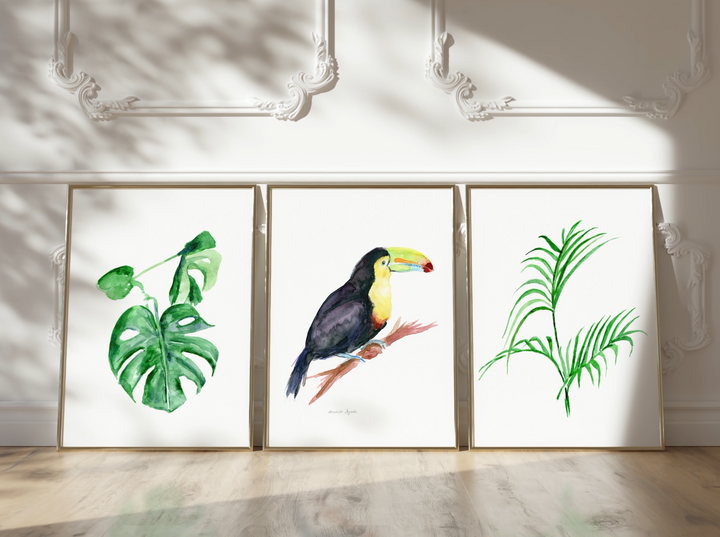 Toucan & Tropical Leaves – Set of 3 Jungle Art Prints