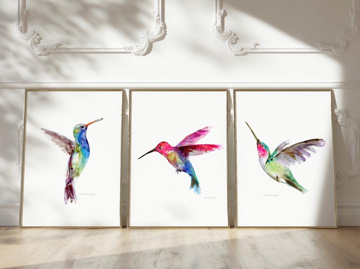 Set of 3 blue green and pink Hummingbird Prints