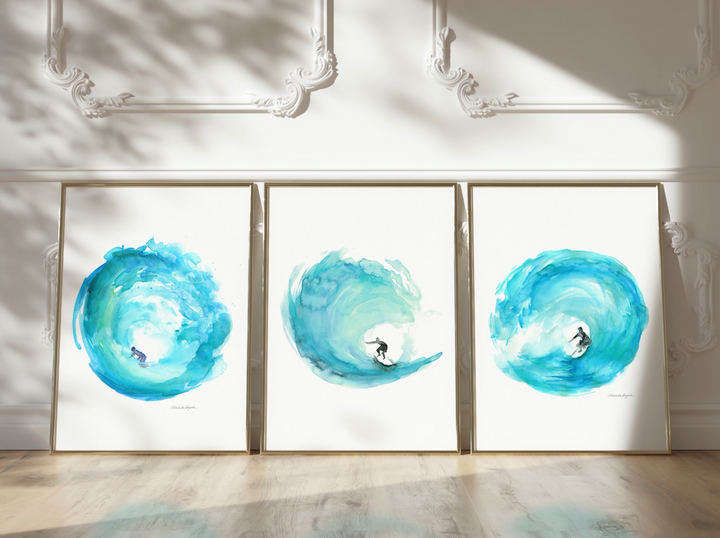 Set of 3 Teal Wave Surf Art Prints