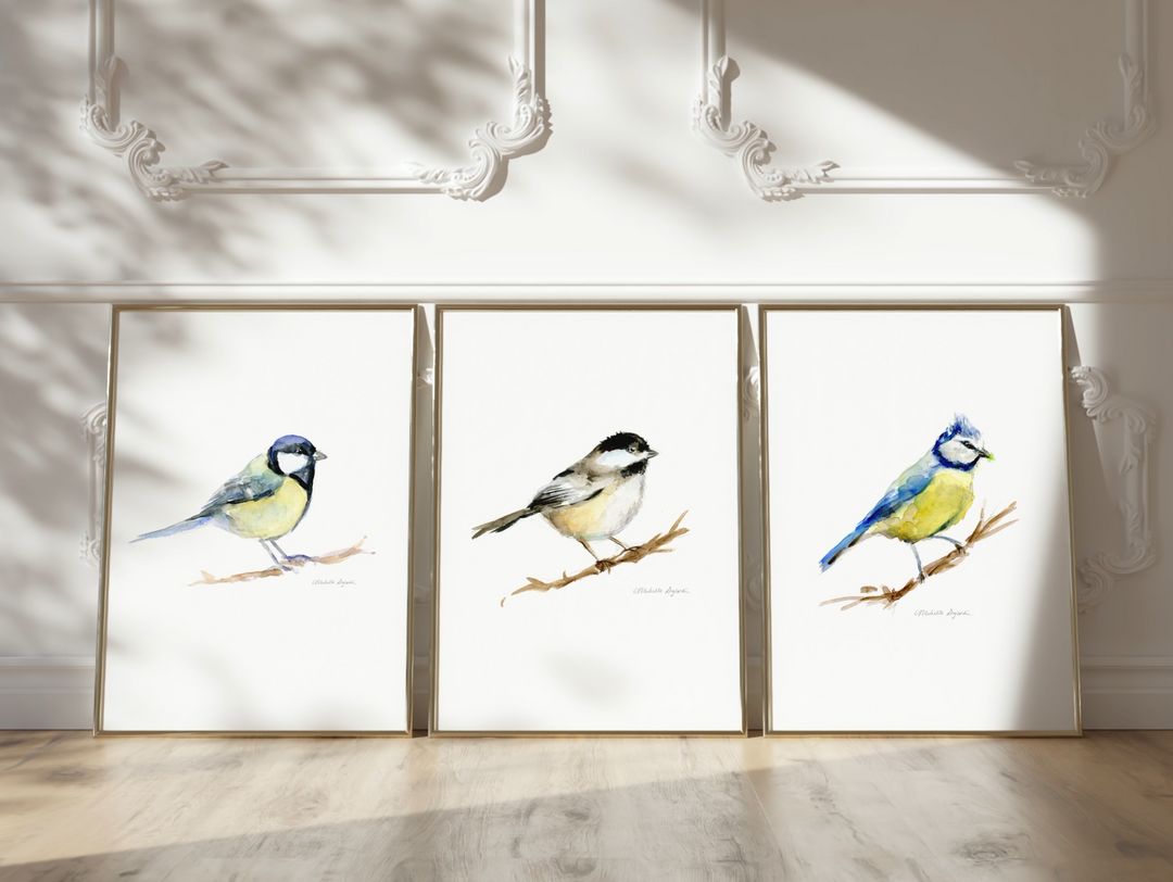 set of 3 tit bird painting by Michelle Dujardin