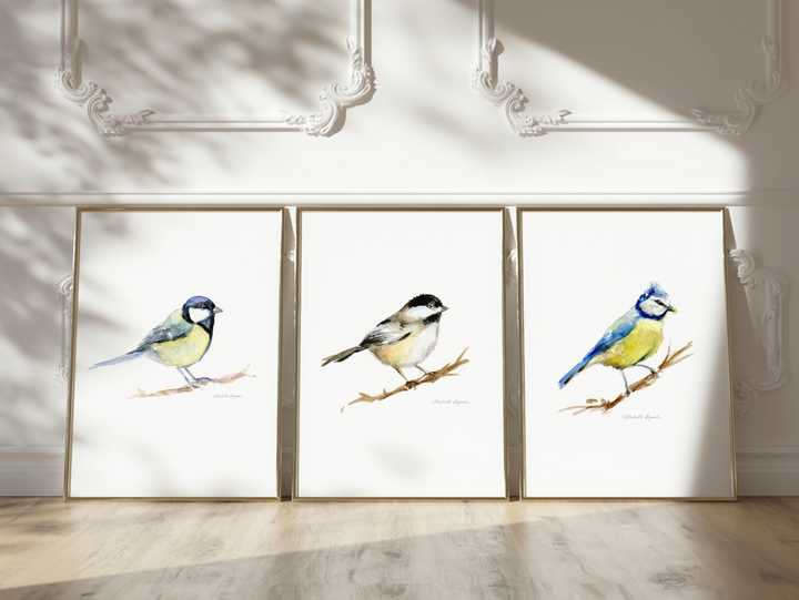 set of 3 tit bird painting by Michelle Dujardin