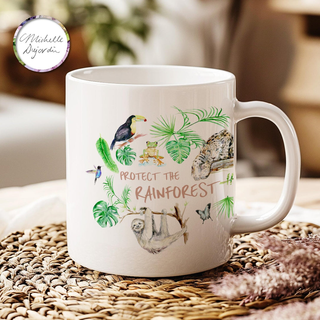 ceramic mug with jungle animals and plants by Michelle Dujardin