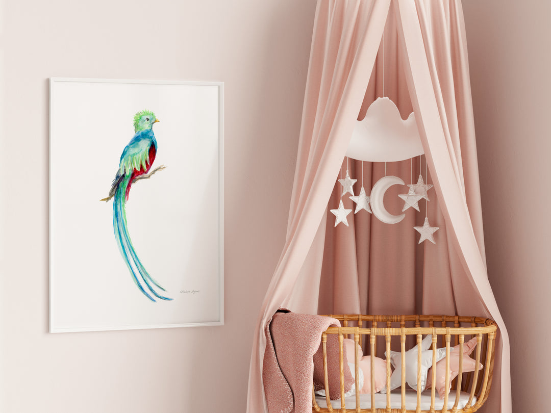 Kinderkamer print van een quetzal vogel door Michelle Dujardin