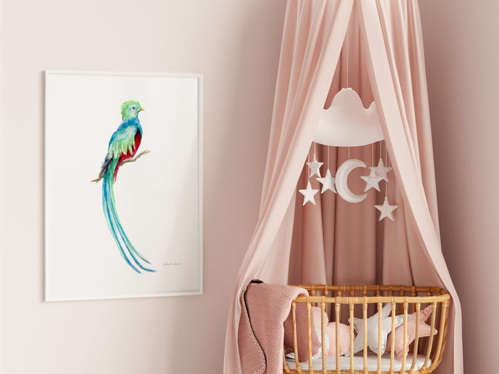 Kinderkamer print van een quetzal vogel door Michelle Dujardin
