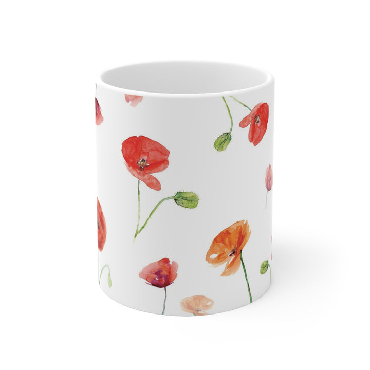 Ceramic mug with red poppy flower watercolor art