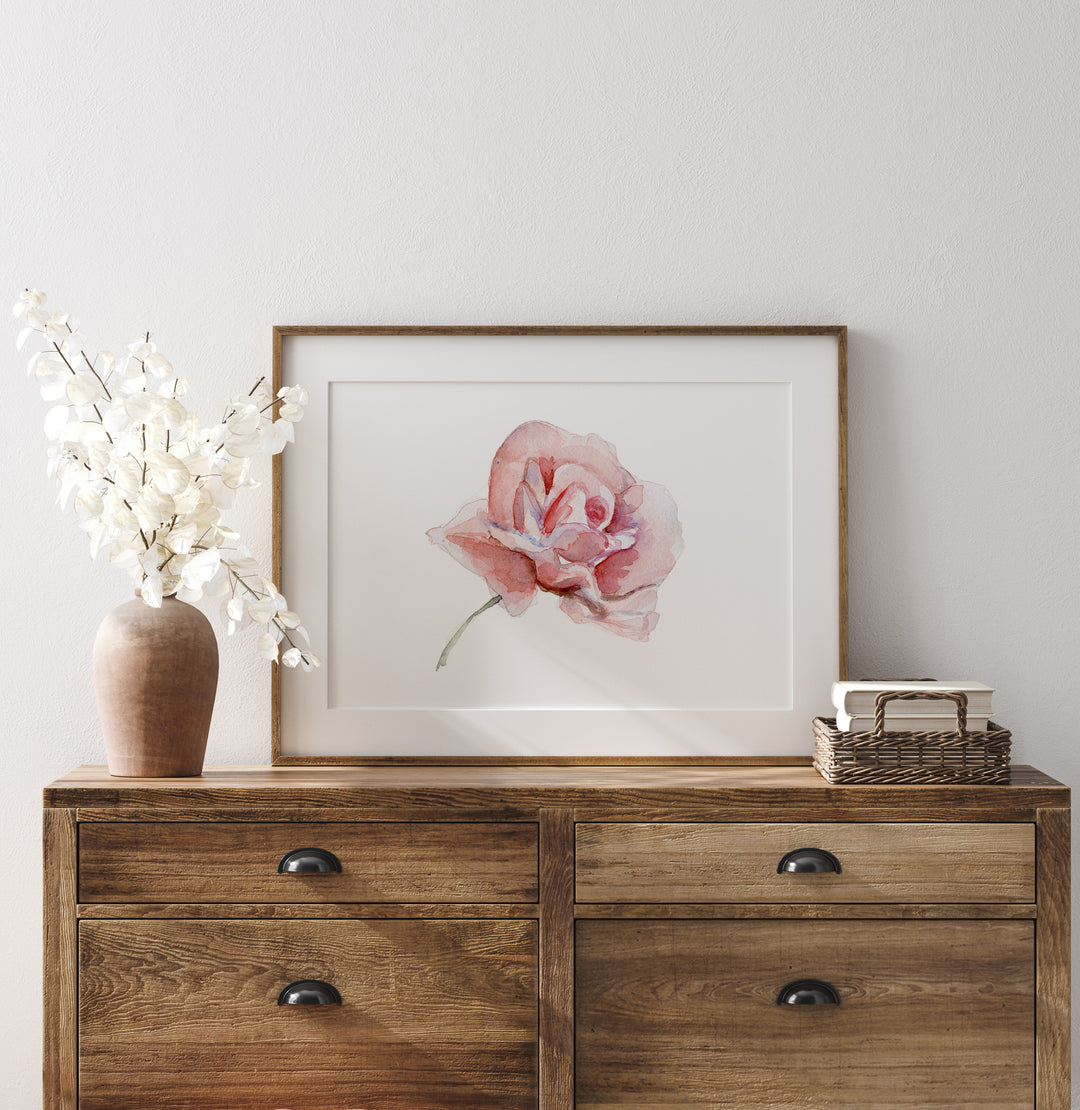 Watercolor painting in pink tones of a rose by Michelle Dujardin