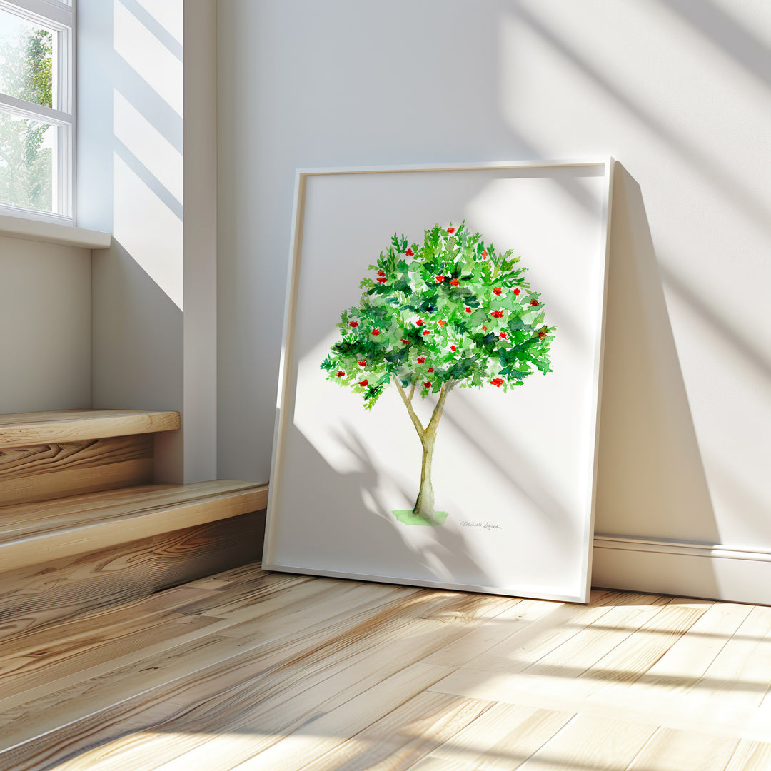 Rowan tree watercolor print with red berries, botanical tree wall art for nature-inspired interiors