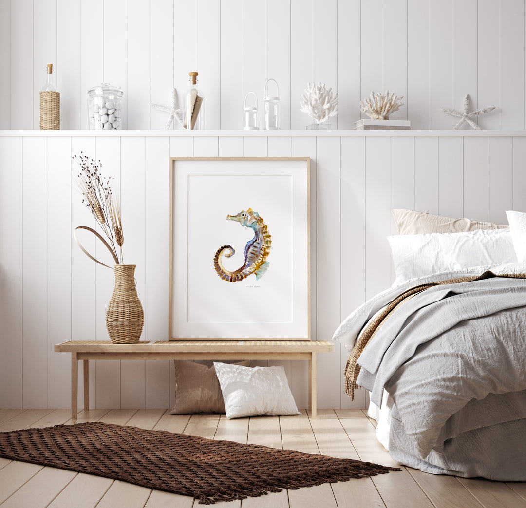 Seahorse Art print in a Beach house interior