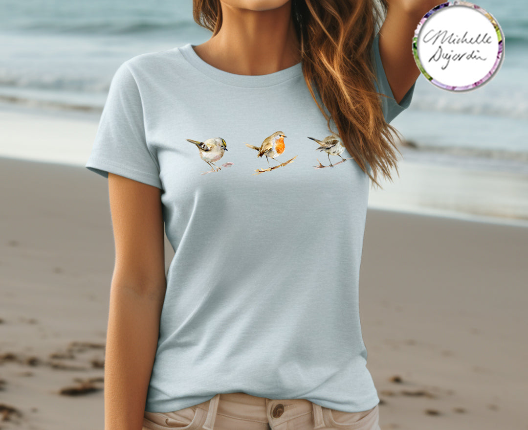 T-shirt with 3 small bird watercolors by Michelle Dujardin