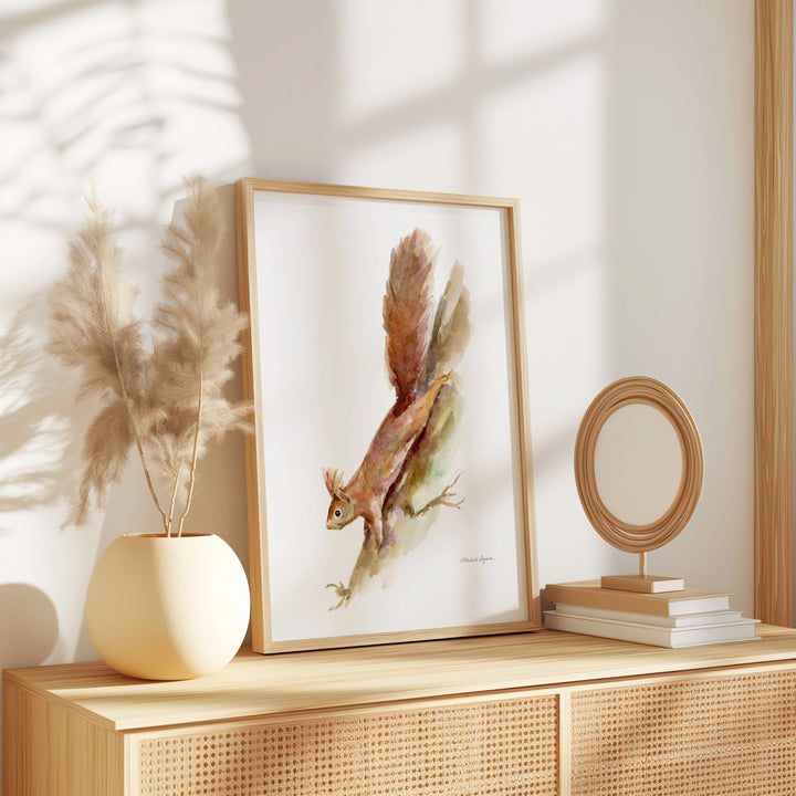 Boho interior with rd squirrel painting