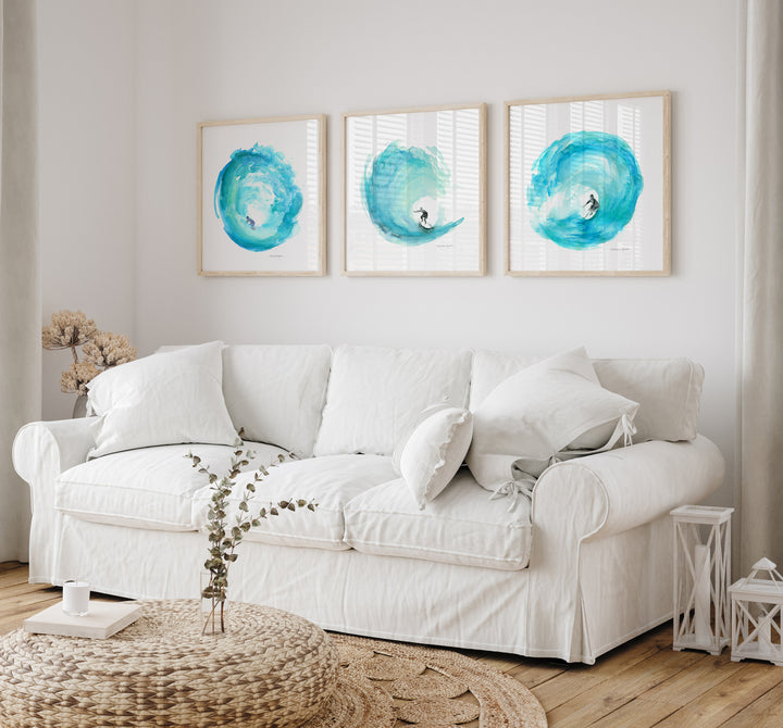 Teal costal decor prints with wave and surfer watercolor illustrations by Michelle Dujardin