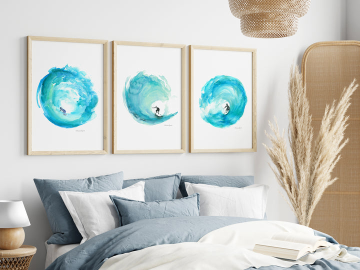 Surfer bedroom art prints with teal wave watercolor illustrations by Michelle Duajrdin