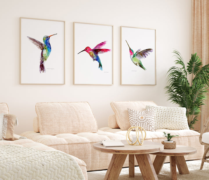 Set of 3 blue green and pink Hummingbird Prints