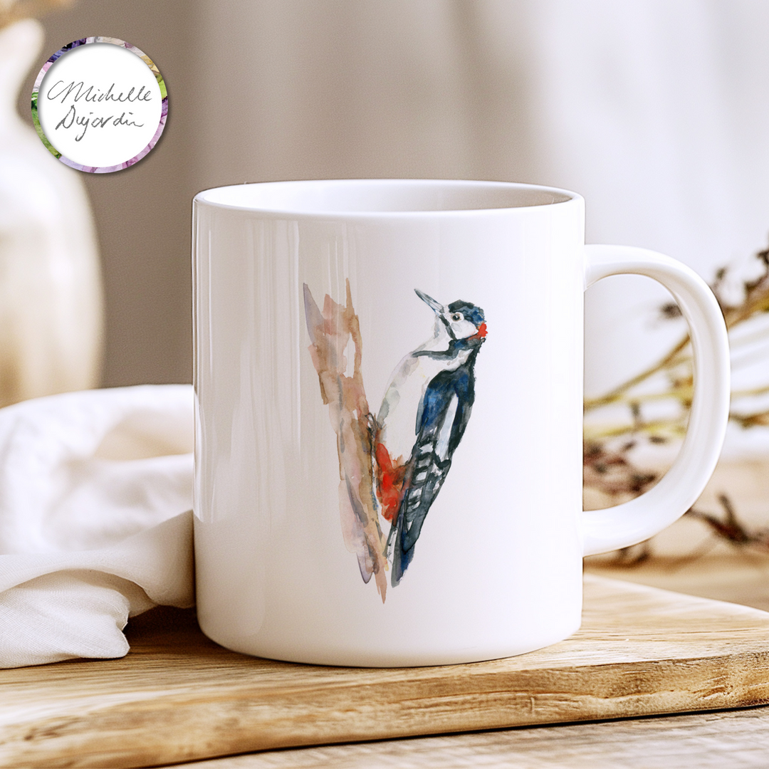 Mug with 3 woodpecker species in watercolor by Michelle Dujardin