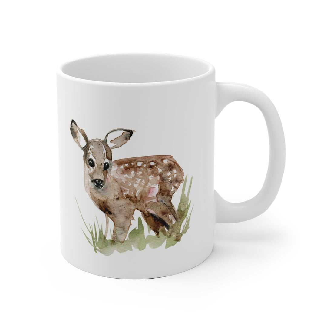 White mug with a fawn illustration on a white background