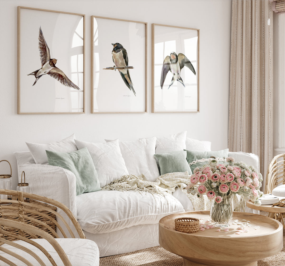 Set of 3 Barn swallows watercolor prints by Michelle Dujardin