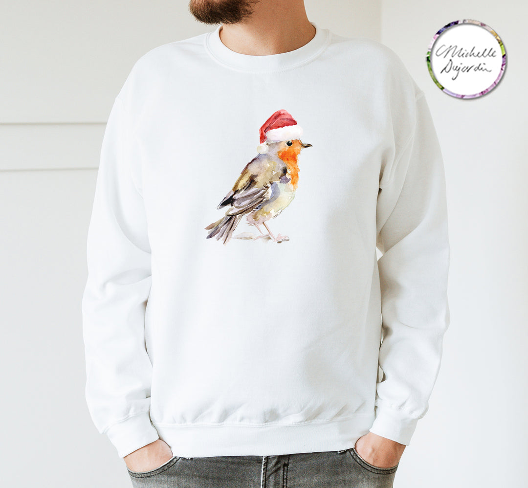 Christmas clothing with red robin illustration by Michelle Dujardin