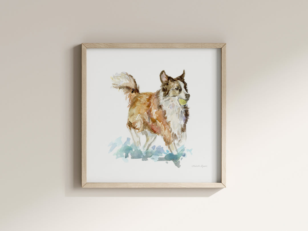 Rennende hond op het strand schilderij aan de muur in een lijst