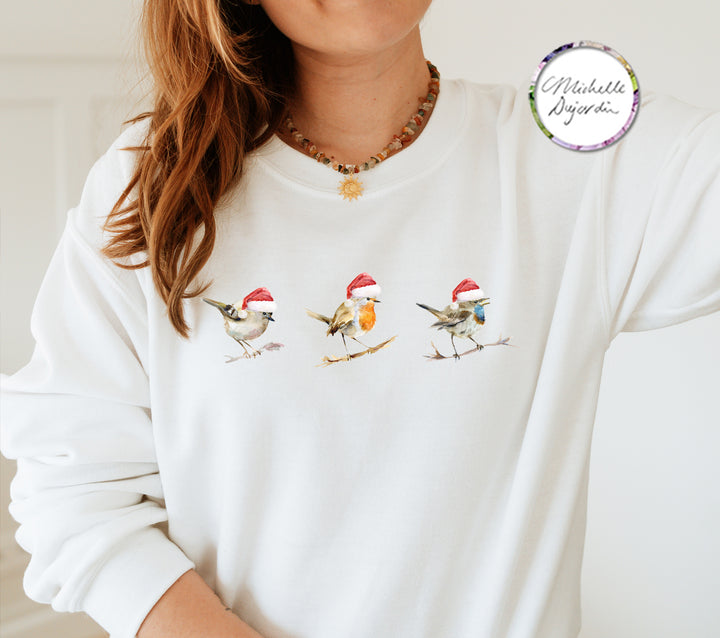 Long sleeved white shirt with christmas bird decoration