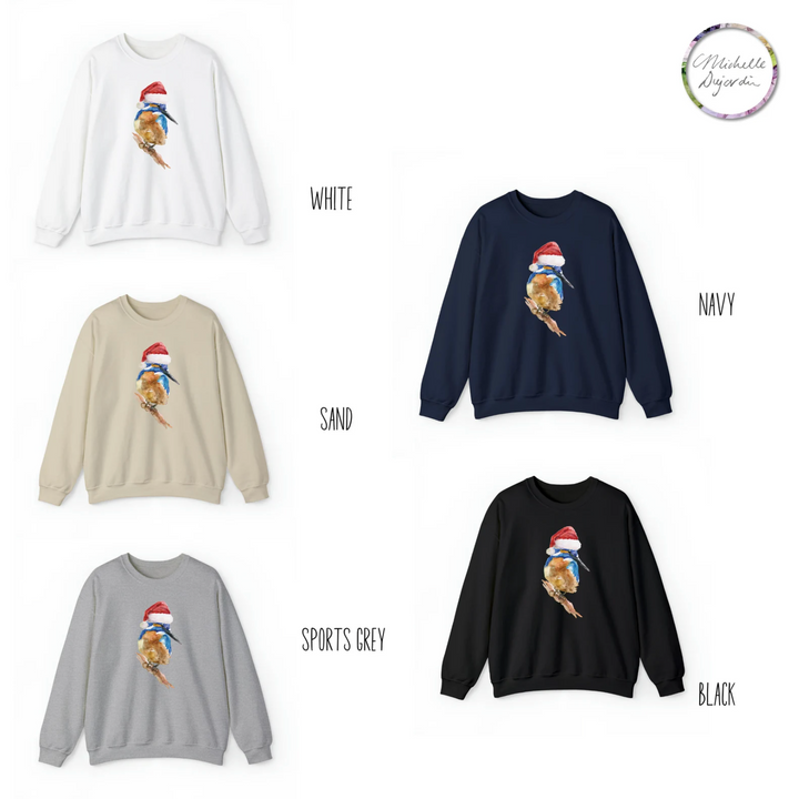 Collection of sweatshirts in white, navy, sand, sports grey, and black with a graphic design on a white background.