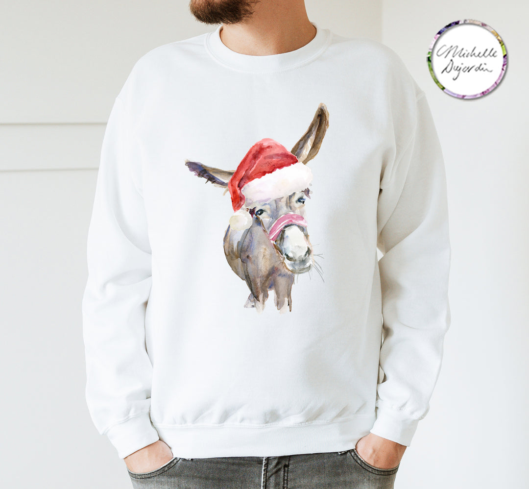 Funny donkey portrait with christmas hat on sweatshirt