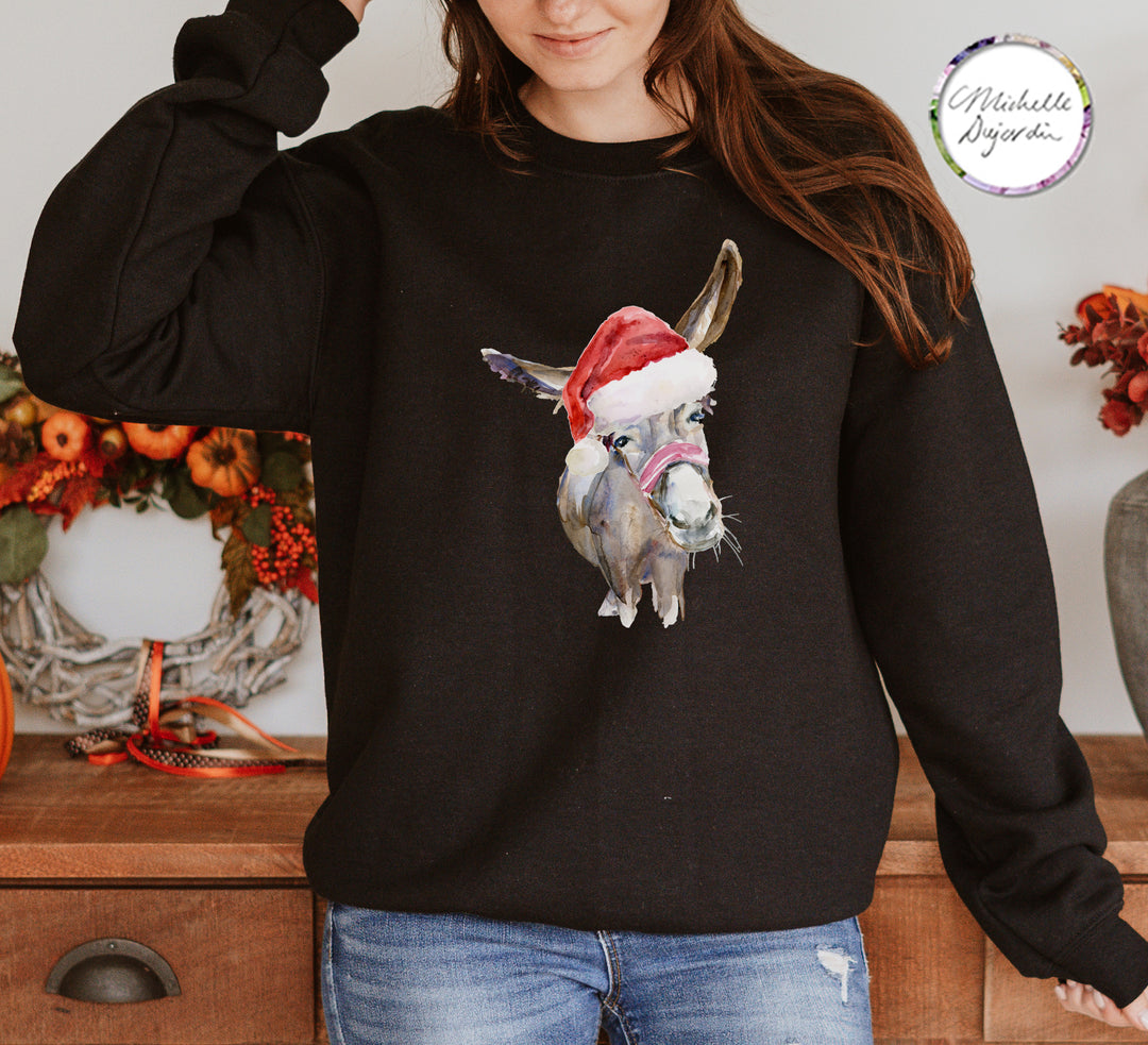 Grappig ezel met kerstmuts op wintertrui van Michelle Dujardin