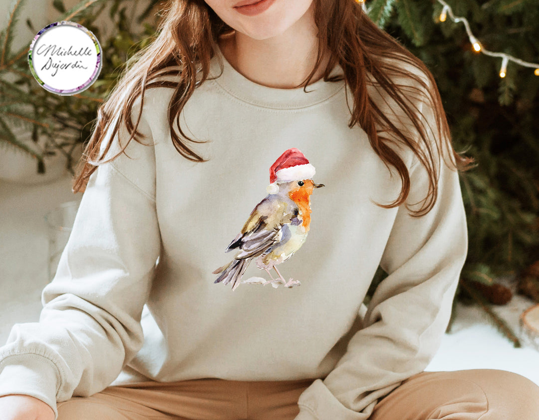 Grappige kersttrui met roodborstje illustratie van Michelle Dujardin