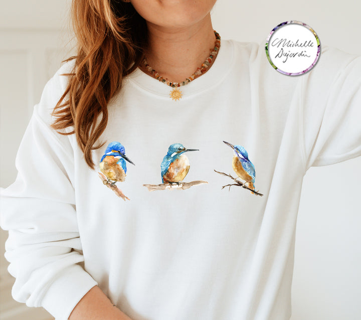 Witte sweater met print van  drie ijsvogeltjes