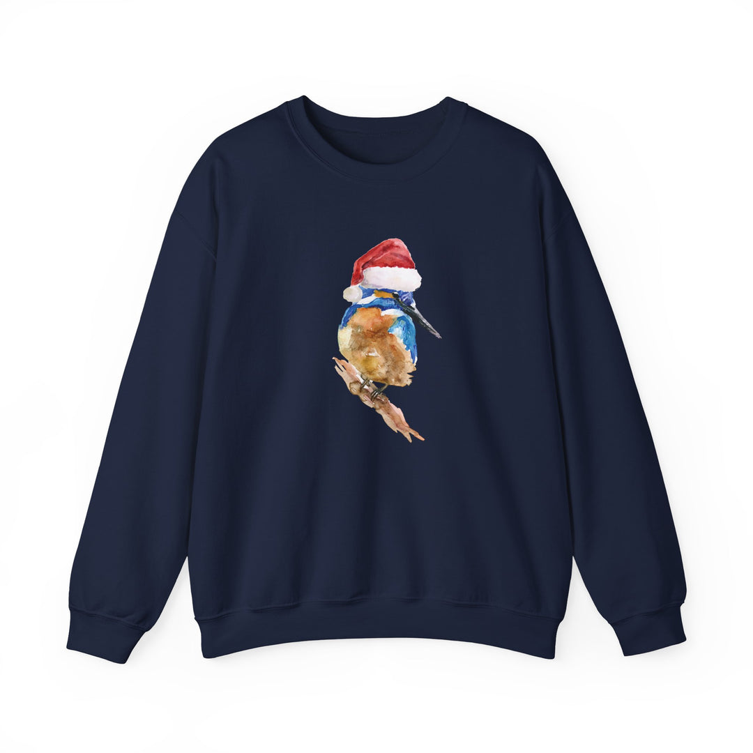 Navy blue sweatshirt with a colorful kingfisher bird design wearing a Santa hat on a white background