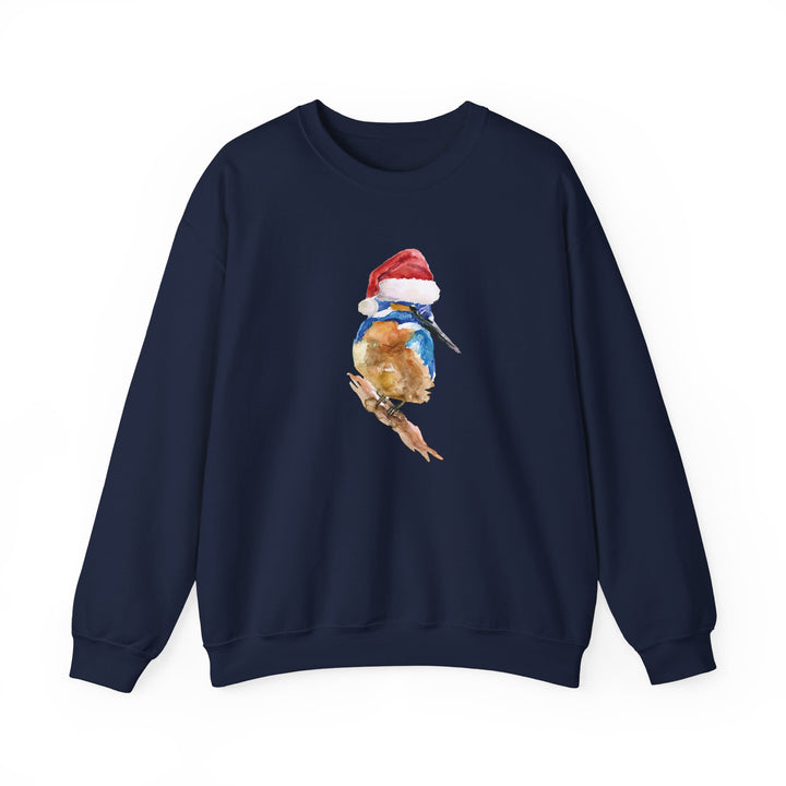 Navy blue sweatshirt with a colorful kingfisher bird design wearing a Santa hat on a white background