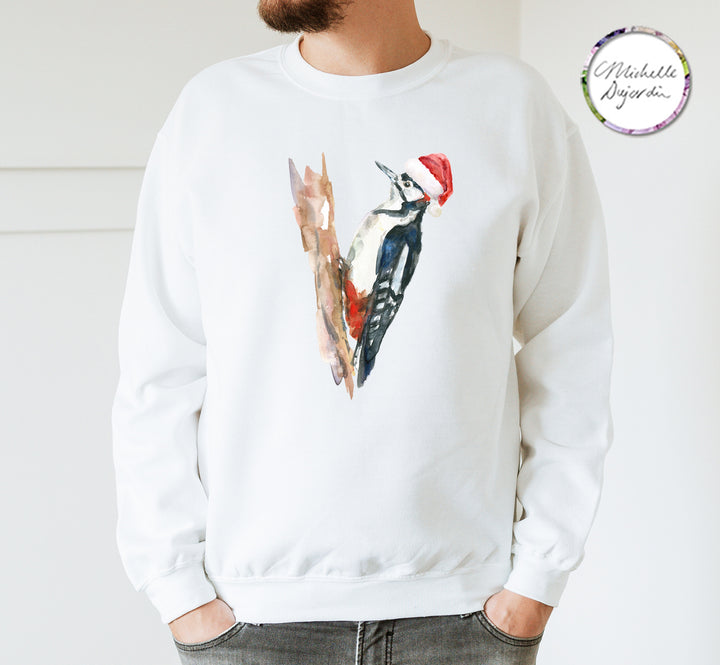 Witte trui met grappige vogel illustratie van een specht met kerstmuts