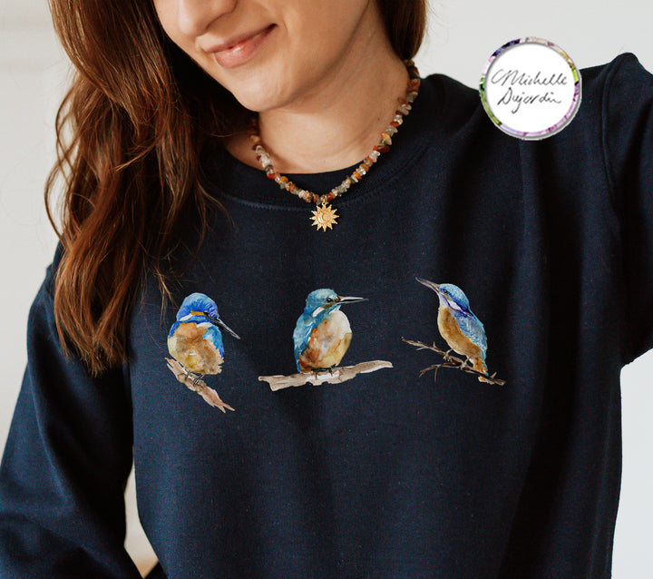 Warm sweater with 3 kingfisher paintings by Michelle Dujardin