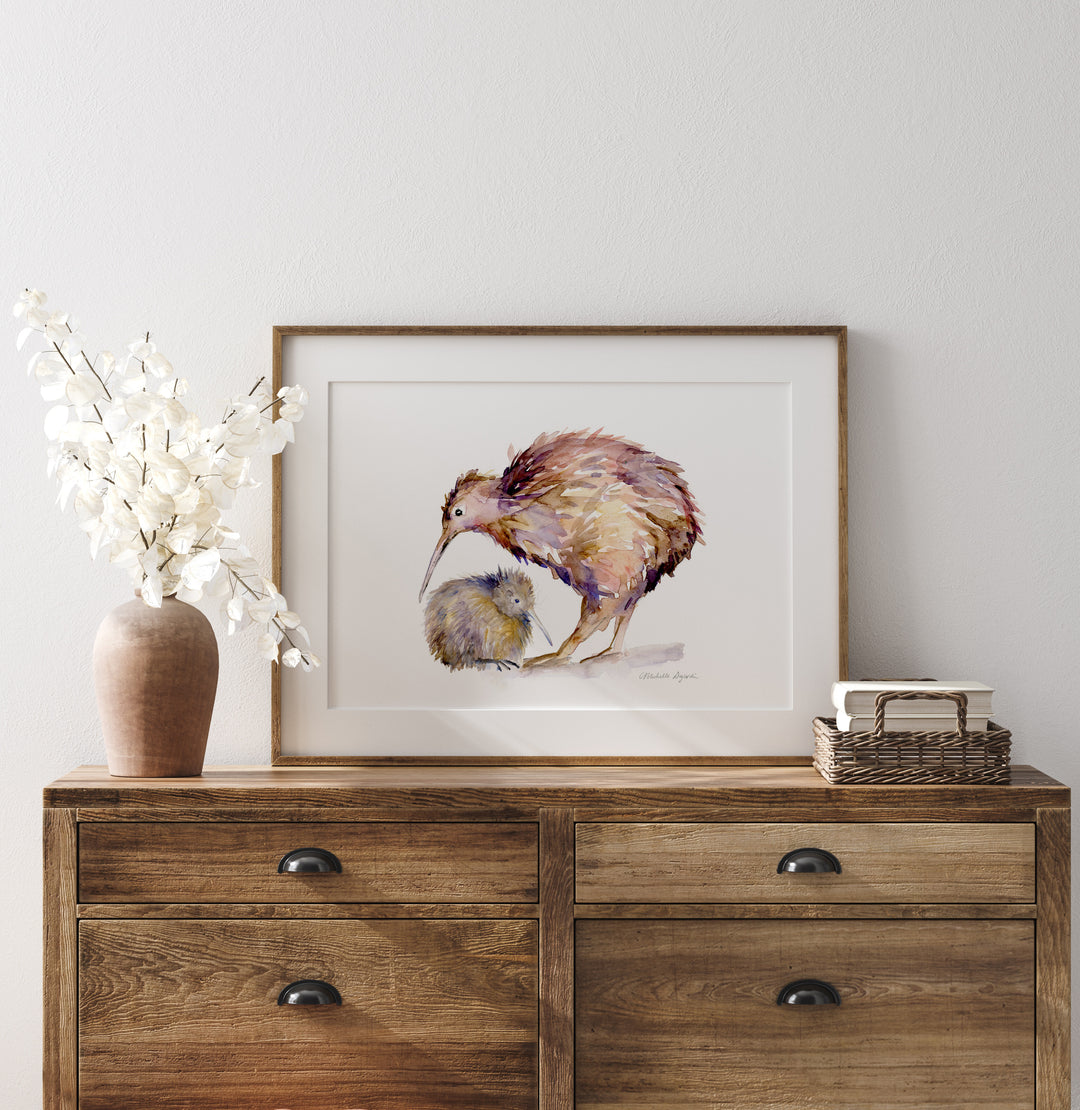 Houten kastje met horizontale kunst print van een kiwi vogel schilderij