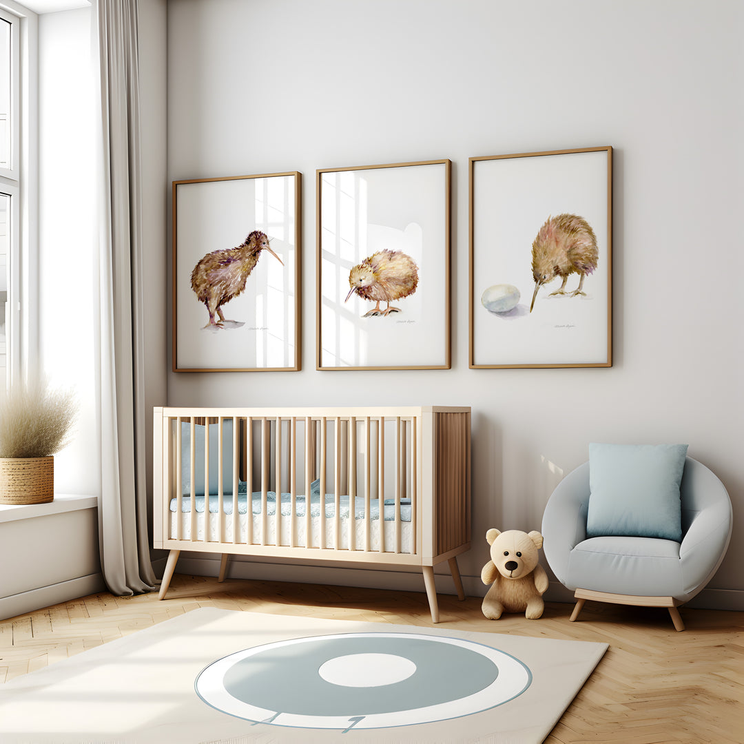 Nursery room with wooden crib, decorative wall art, and a teddy bear.