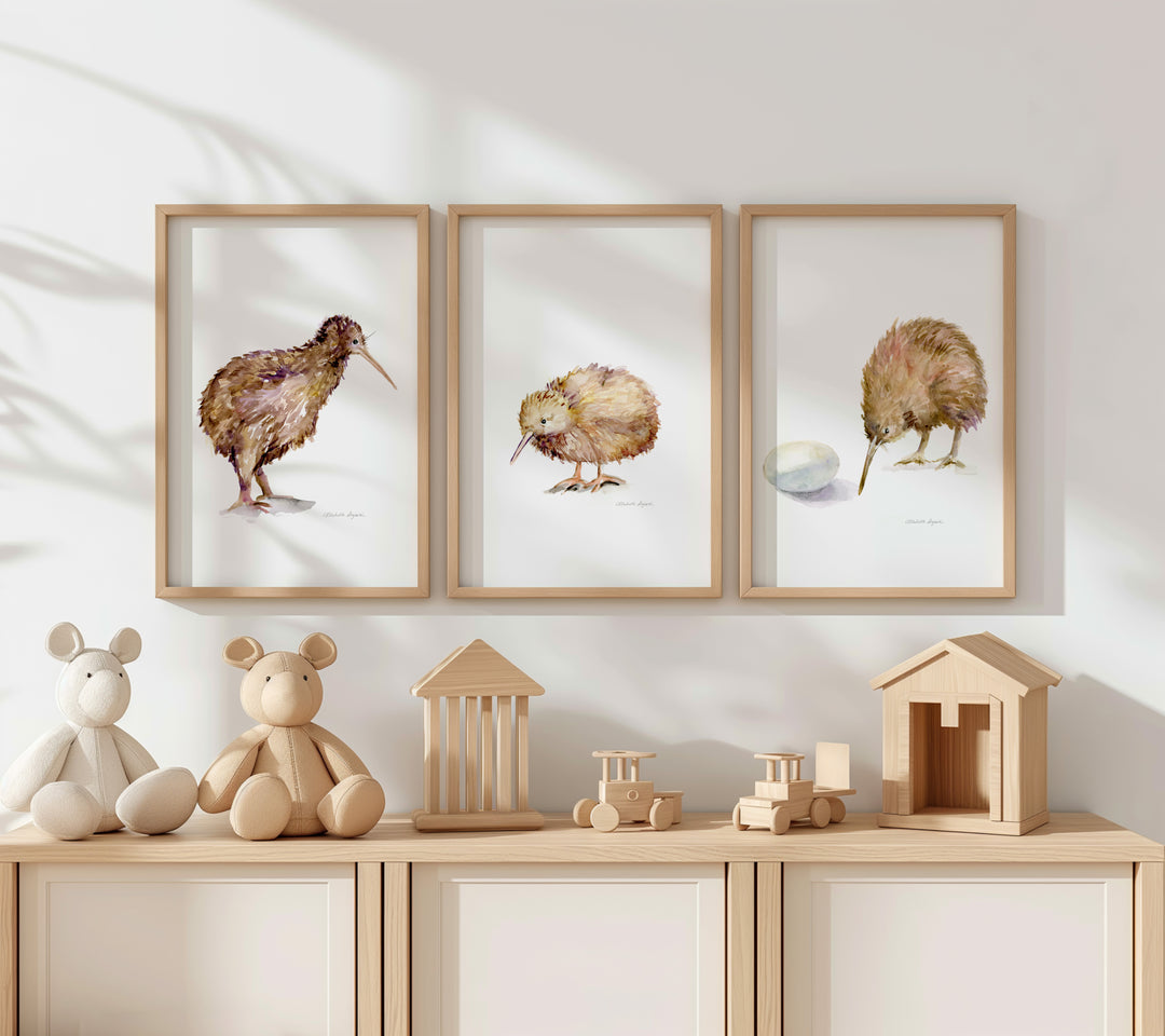 Nursery room with  kiwi bird prints in frames