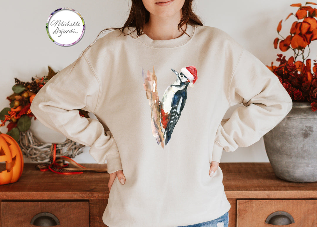 Woman wears Funny Woodpecker art print on Xmas sweatshirt