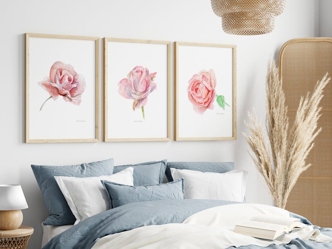 Bedroom with floral roses wall art above a bed