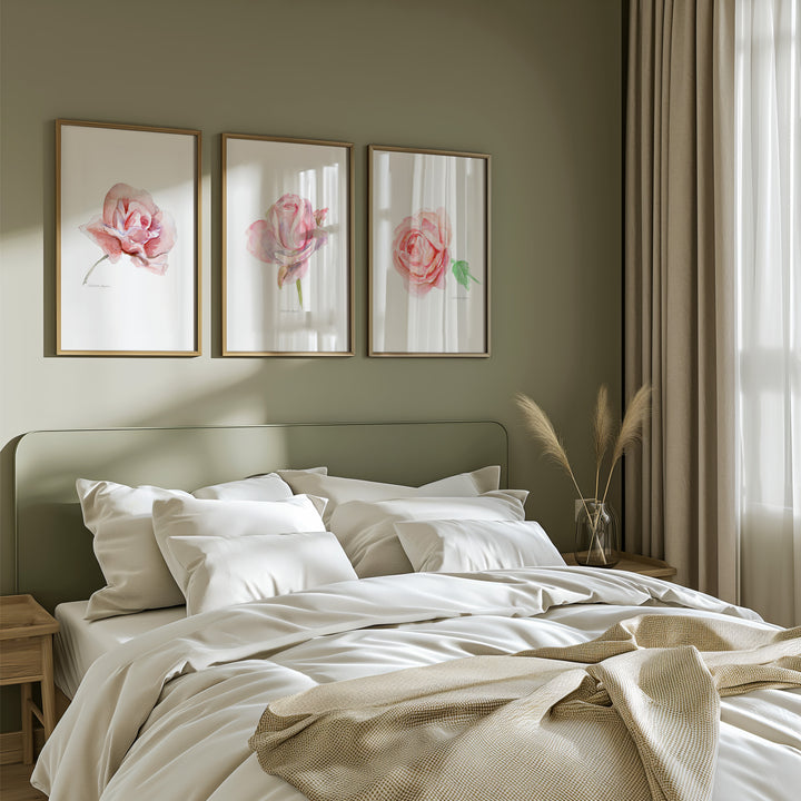 Bedroom with floral wall art and soft lighting